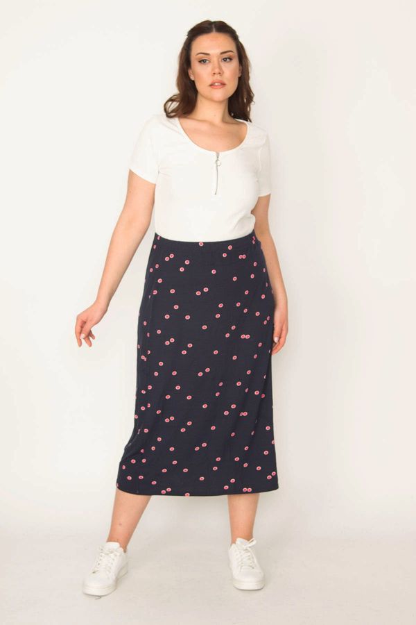 Şans Şans Women's Plus Size Navy Blue Elastic Waist Patterned Skirt
