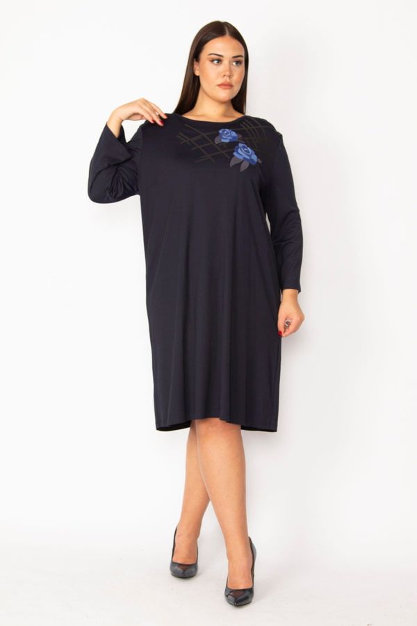 Şans Şans Women's Plus Size Navy Blue Embroidery And Sequin Detail Long Sleeve Dress
