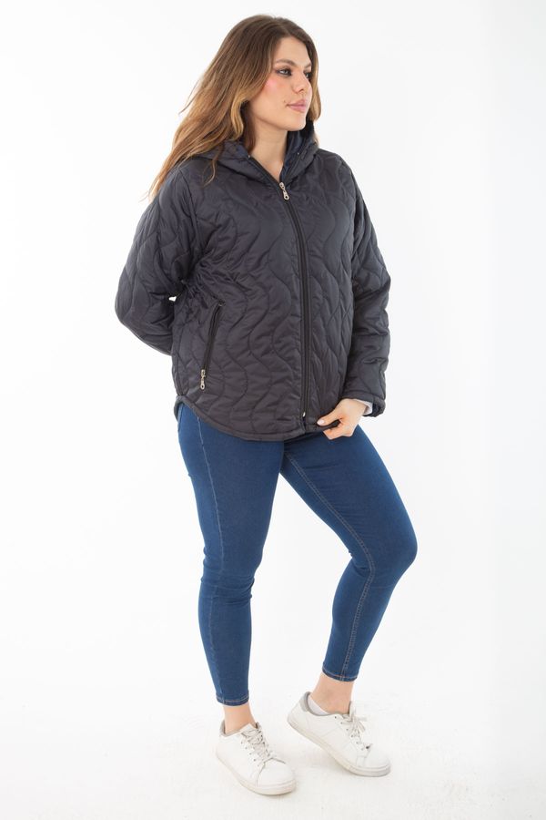 Şans Şans Women's Plus Size Navy Blue Front And Pocket Zippered Hooded Lined Quilted Coat