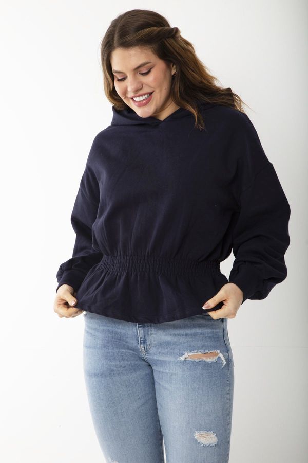 Şans Şans Women's Plus Size Navy Blue Inner Raising Elastic Waist Detailed Hooded Sweatshirt
