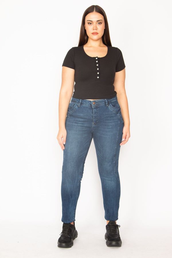 Şans Şans Women's Plus Size Navy Blue Jeans with Side Stitching Detailed, Washing Effect and 5 Pockets