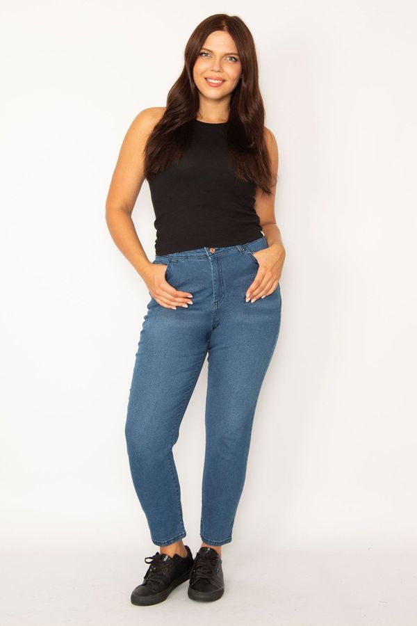 Şans Şans Women's Plus Size Navy Blue Lycra 5-Pocket Jeans Trousers