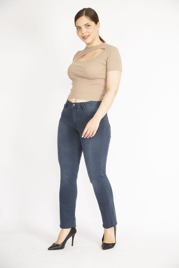 Şans Şans Women's Plus Size Navy Blue Lycra Jeans with Front Decoration and Back Pockets