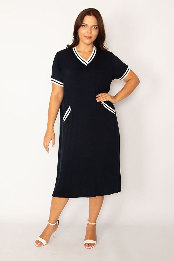 Şans Şans Women's Plus Size Navy Blue Ribbed Detailed V-neck Dress with Pocket