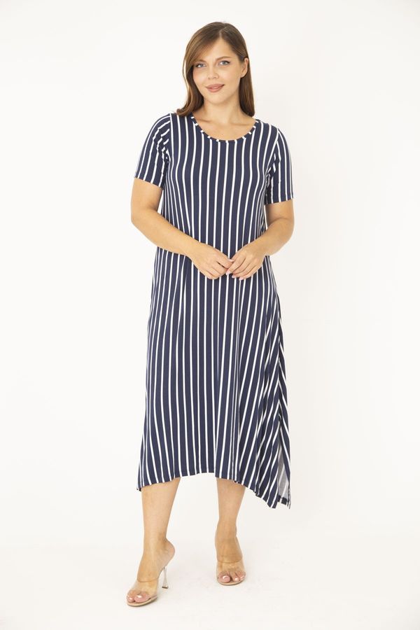 Şans Şans Women's Plus Size Navy Blue Striped Short Sleeve Dress