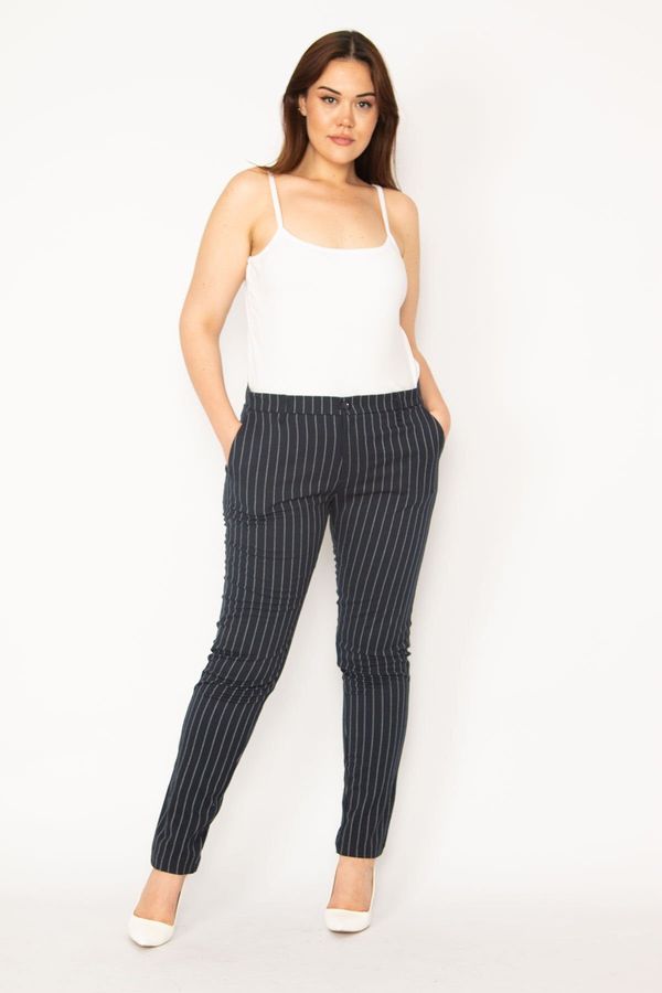 Şans Şans Women's Plus Size Navy Blue Striped Side And Back Fleto Pocket Classic Trousers