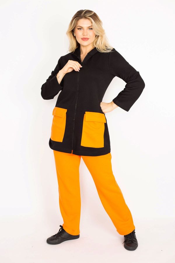 Şans Şans Women's Plus Size Orange Pocket Combined Hooded Front Zippered Sweatshirt Trousers Suit