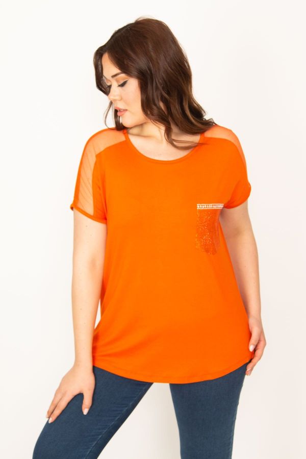 Şans Şans Women's Plus Size Orange Shoulders Tulle And Ornament Pocket Stone Detailed Low Sleeve Viscose Blouse