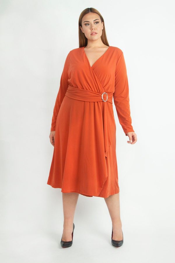 Şans Şans Women's Plus Size Orange Waist Detailed Evening Dress