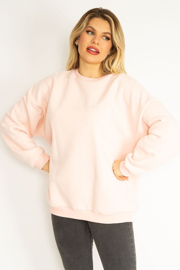 Şans Şans Women's Plus Size Pink 3 Thread Polar Fleece Sweatshirt