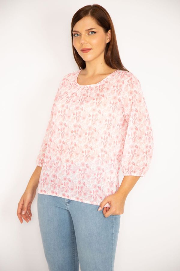 Şans Şans Women's Plus Size Pink Patterned Blouse with Elastic Hem and Arms
