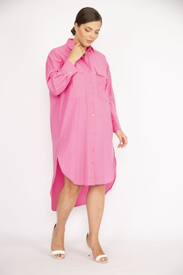 Şans Şans Women's Plus Size Pink Poplin Fabric Front Buttoned Chest Pocket Back Long Tunic Dress