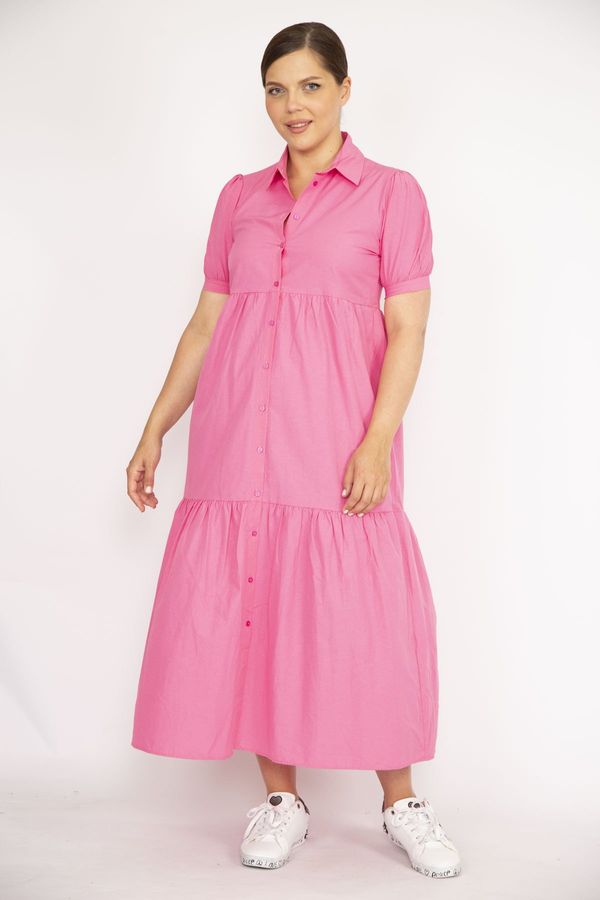 Şans Şans Women's Plus Size Pink Poplin Fabric Front Buttoned Dress