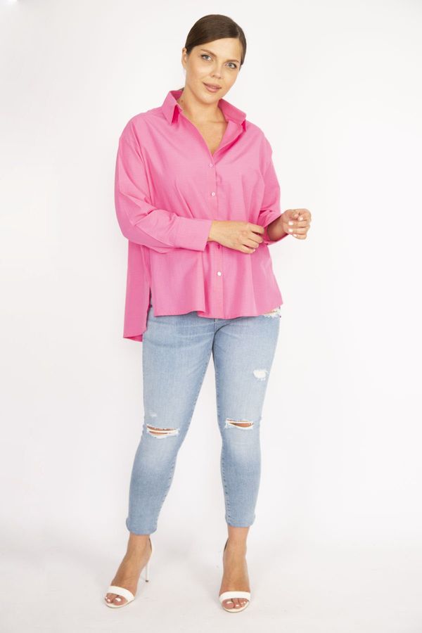 Şans Şans Women's Plus Size Pink Poplin Fabric Long Sleeve Shirt with Buttons and Side Slits