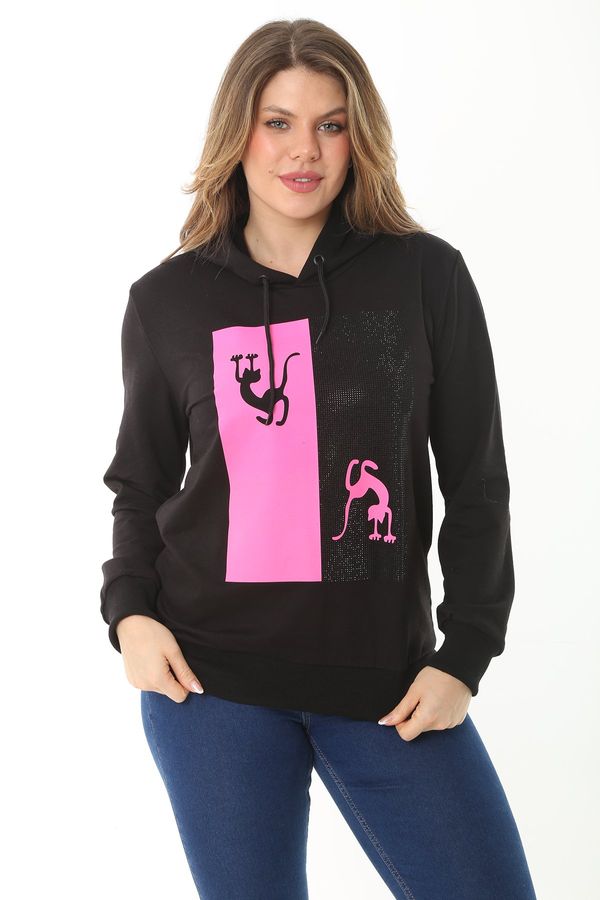 Şans Şans Women's Plus Size Pink Stones And Print Detailed Hooded Sweatshirt