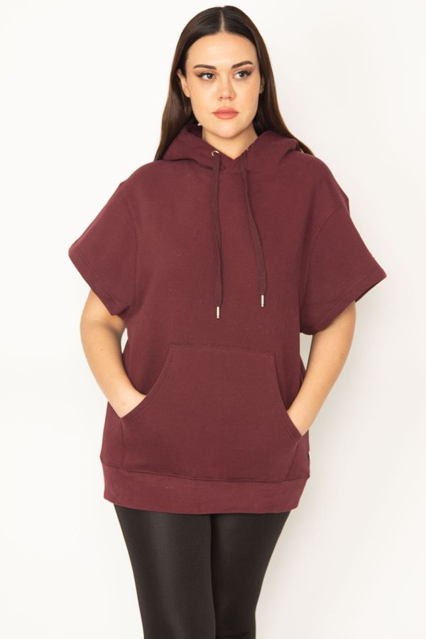 Şans Şans Women's Plus Size Plum 3 Yarn Sweatshirt with Kangaroo Pocket and a Hooded Short Sleeve Rayon