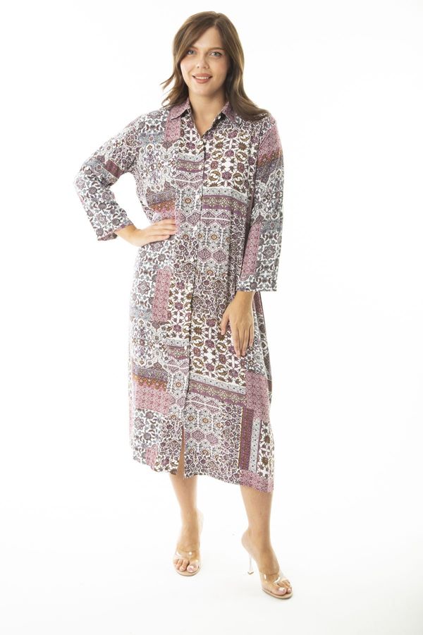 Şans Şans Women's Plus Size Plum Woven Viscose Fabric Long Dress with Buttons at the Front