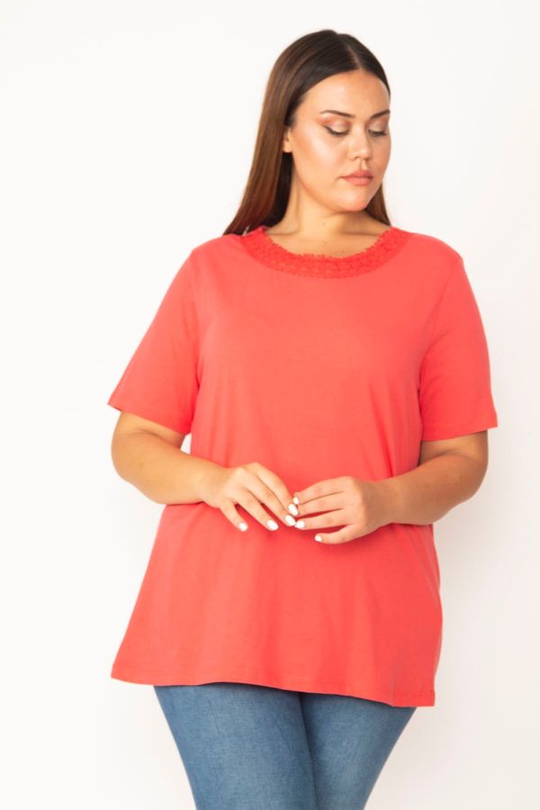 Şans Şans Women's Plus Size Pomegranate Cotton Fabric Collar Lace Short Sleeve Blouse
