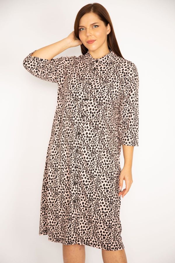 Şans Şans Women's Plus Size Powder Leopard Patterned Front Buttoned Capri Sleeve Dress