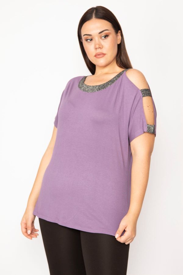 Şans Şans Women's Plus Size Purple One Shoulder And Collar Silvery Detailed Blouse