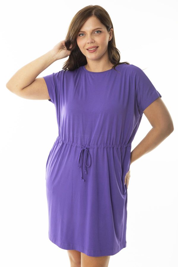 Şans Şans Women's Plus Size Purple Waist Tunnel Tied Low Sleeve Tunic Dress