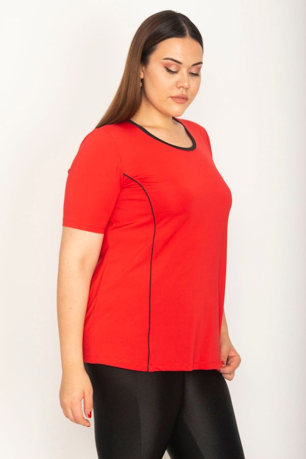 Şans Şans Women's Plus Size Red Collar And Cup Pile Short Sleeve Blouse