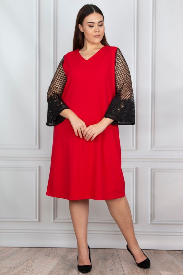 Şans Şans Women's Plus Size Red Dress With Lace Detail
