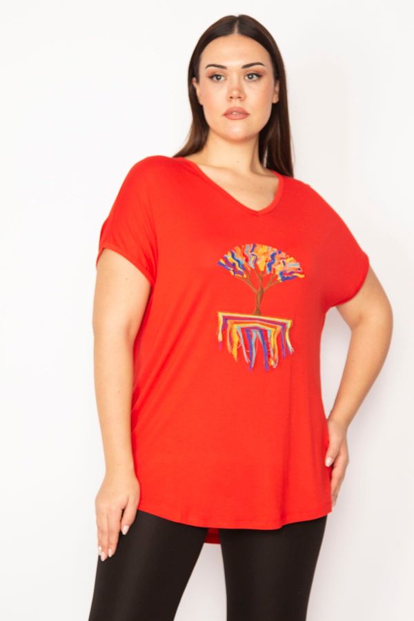 Şans Şans Women's Plus Size Red Embroidery Detailed Low-Sleeve Viscose Blouse