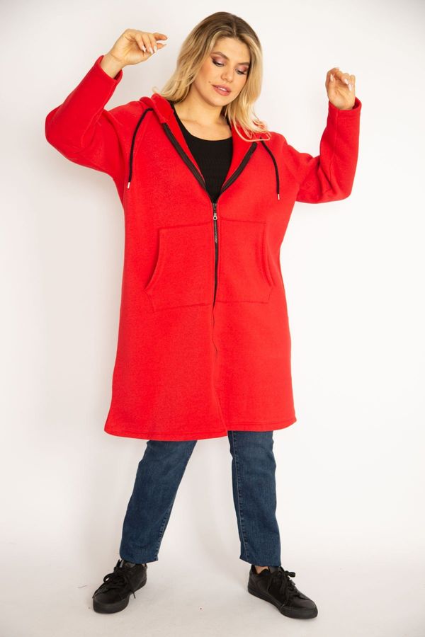 Şans Şans Women's Plus Size Red Inner Raised Fleece Fabric Front Zippered Kangaroo Pocket Hooded Coat