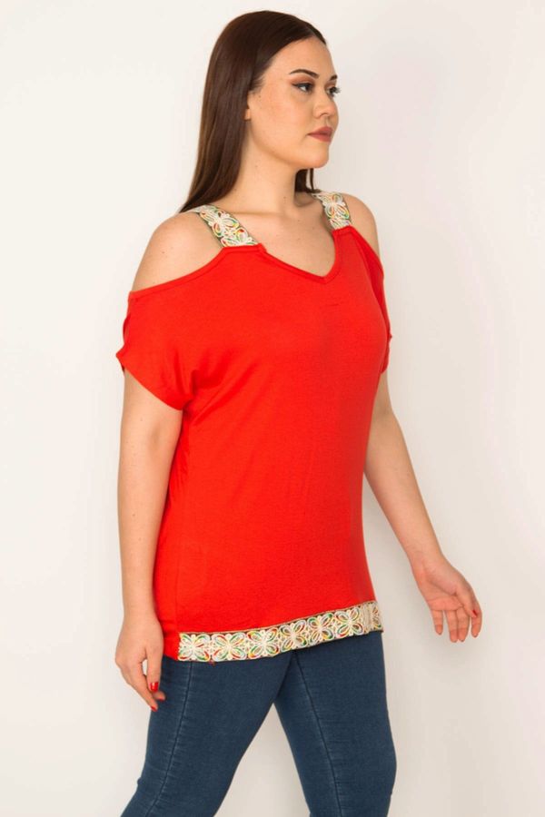 Şans Şans Women's Plus Size Red Off-the-shoulder blouse with sequined lace detail around the neck and the hem.