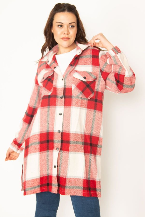 Şans Şans Women's Plus Size Red Praises Lumberjack Shirt with Snap Buttons