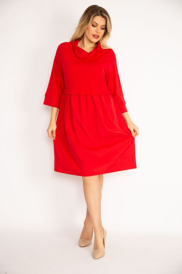 Şans Şans Women's Plus Size Red Stand-Up Collar Skirt Part Collar And Sleeves Rolled Up, Fabric Dress