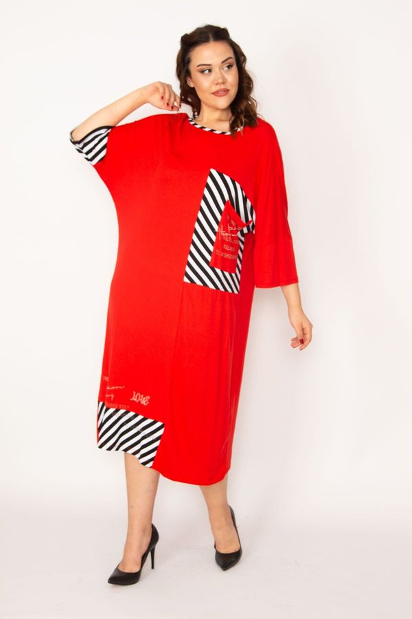 Şans Şans Women's Plus Size Red Stone Detailed Line Garnish Dress