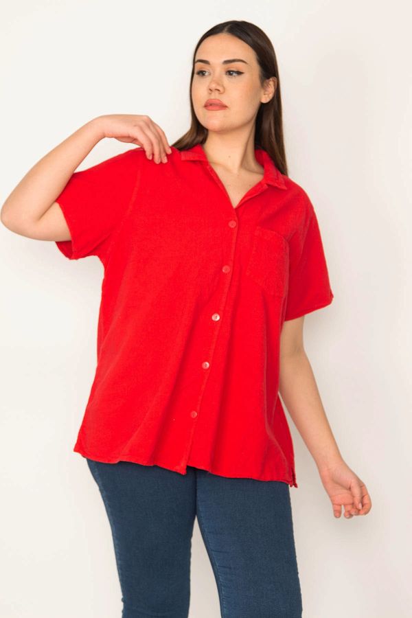 Şans Şans Women's Plus Size Red Tops Collar Short Sleeve Shirt with Buttons