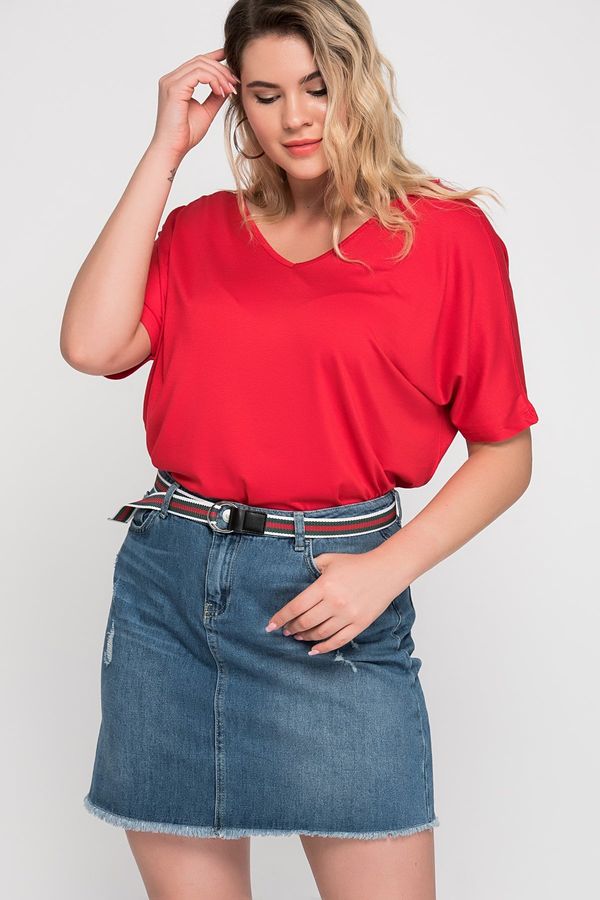 Şans Şans Women's Plus Size Red Viscose Tunic With Low-Cut Back
