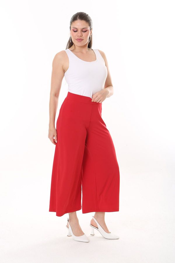 Şans Şans Women's Plus Size Red Wide Leg Elastic Waist Sandy Fabric Trousers 65N37443