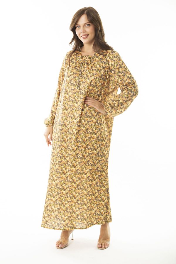 Şans Şans Women's Plus Size Saffron Long Dress With Smocking And Elastic Sleeves Detailed Long Dress