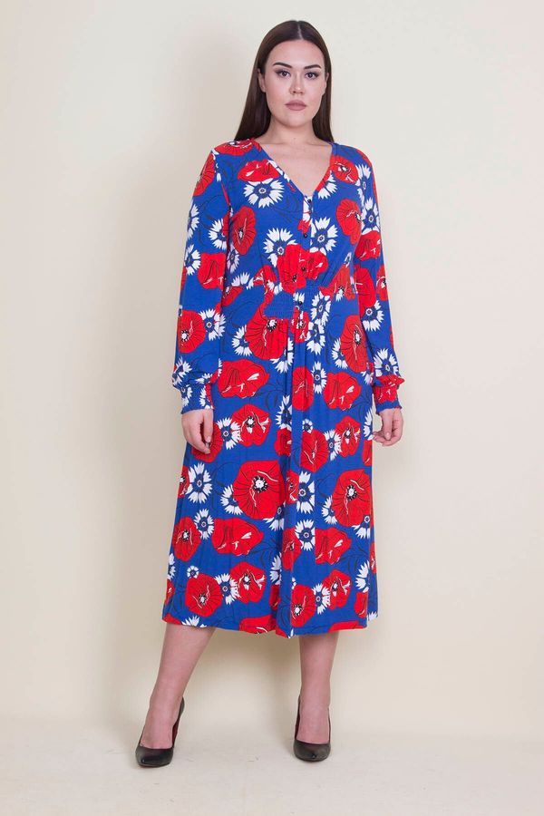 Şans Şans Women's Plus Size Saxon Elastic And Ornamental Button Detailed Viscose Flower Patterned Dress