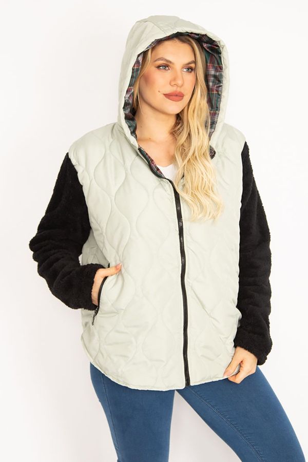 Şans Şans Women's Plus Size Stone Quilted Fabric Sleeves Plush Hooded Front Zippered Puff Coat