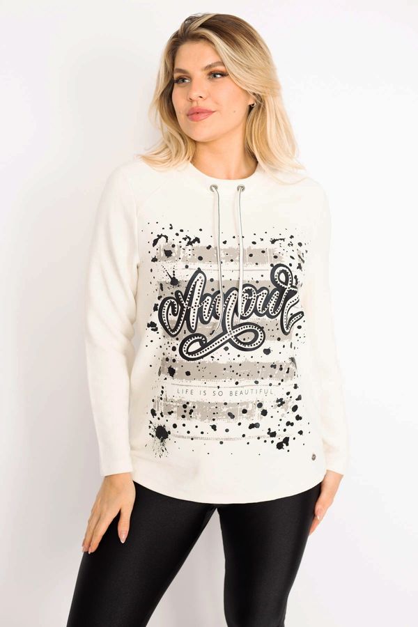 Şans Şans Women's Plus Size Sweatshirt with Bone Collar Eyelets and Lace-Up, With Stones And Print Detail