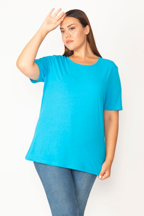 Şans Şans Women's Plus Size Turquoise Cotton Fabric Crewneck Short Sleeve Blouse
