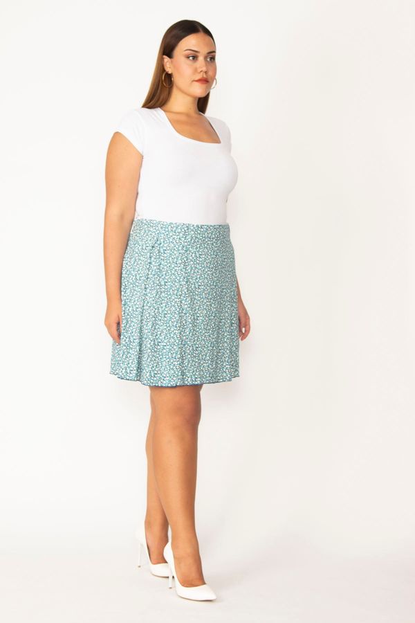 Şans Şans Women's Plus Size Turquoise Cotton Fabric Hidden Elastic Waist One Side Pleated Skirt