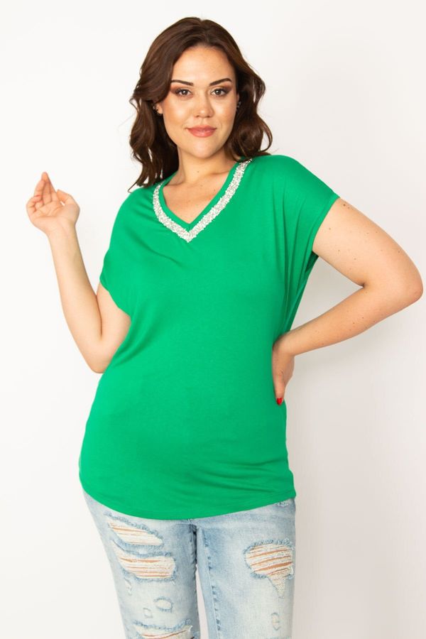 Şans Şans Women's Plus Size Viscose Blouse with a Cast Stone, Green