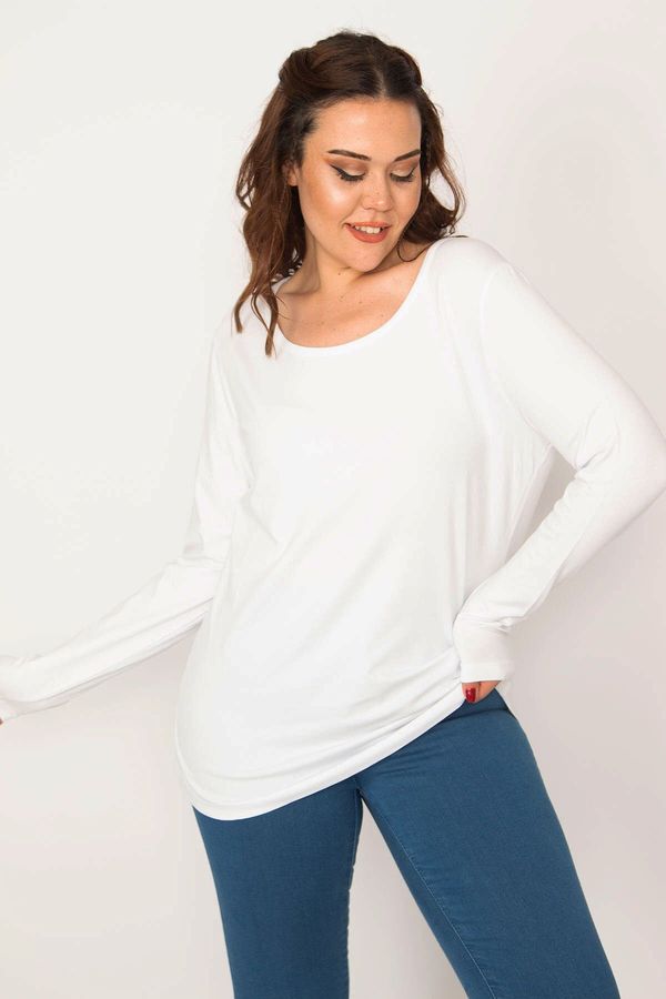 Şans Şans Women's Plus Size White Cotton Fabric Crewneck Long Sleeve Blouse