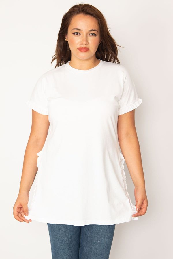 Şans Şans Women's Plus Size White Cotton Fabric Side Slit Tunic