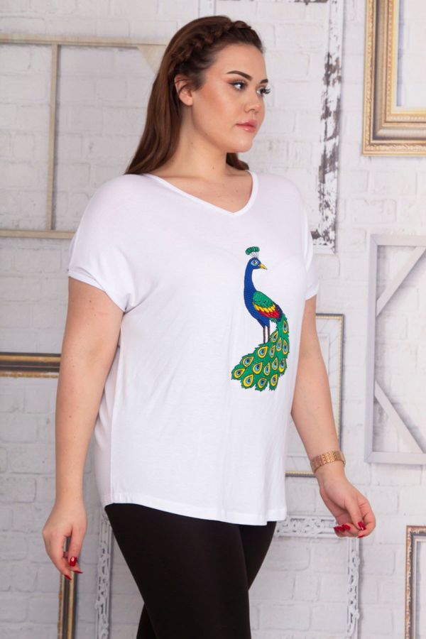 Şans Şans Women's Plus Size White Embroidery Detailed V-neck Low-Sleeve Blouse