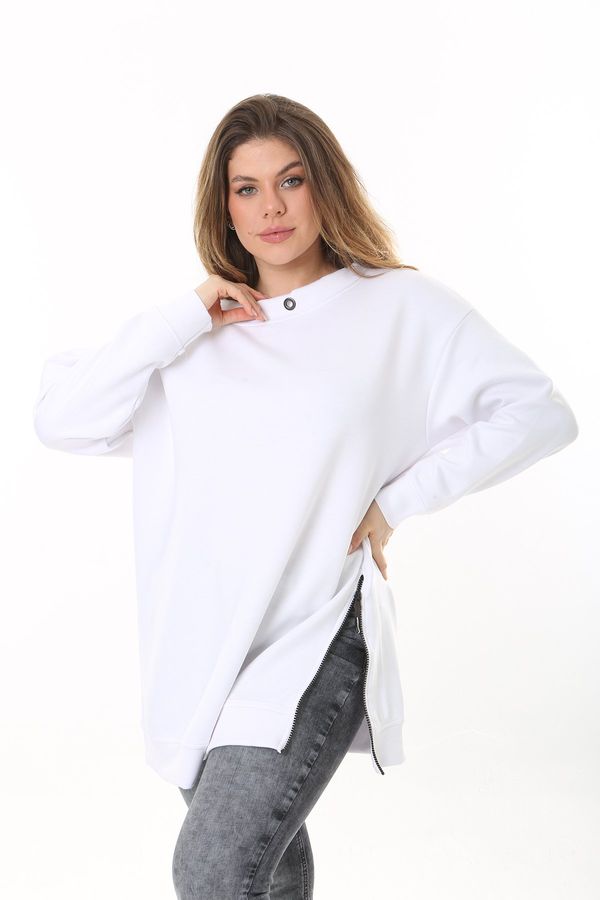 Şans Şans Women's Plus Size White Side Zipper And Collar Detailed Sweatshirt
