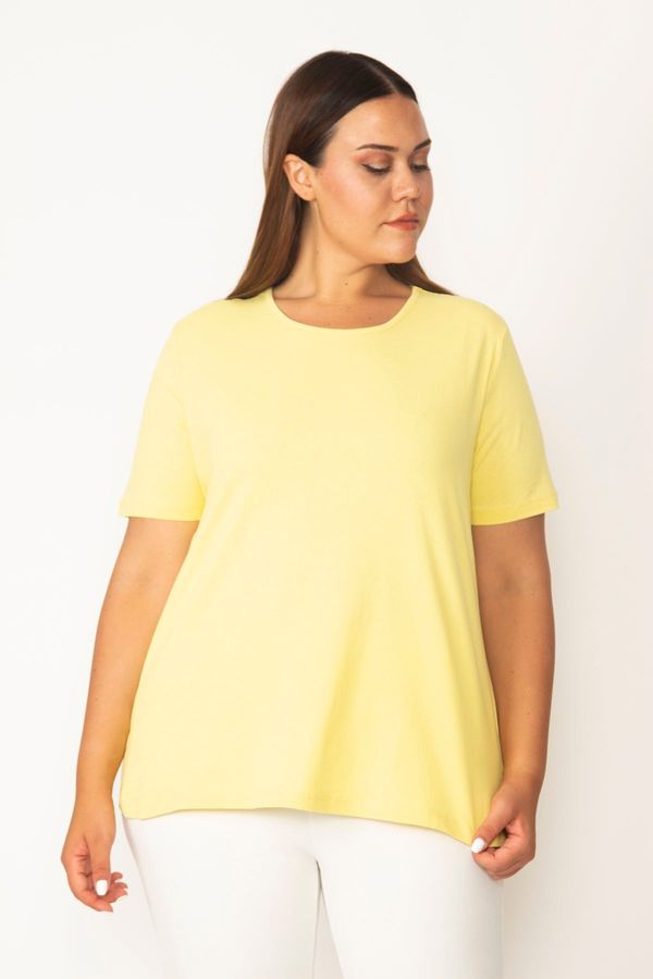 Şans Şans Women's Plus Size Yellow Cotton Fabric Crewneck Short Sleeve Blouse