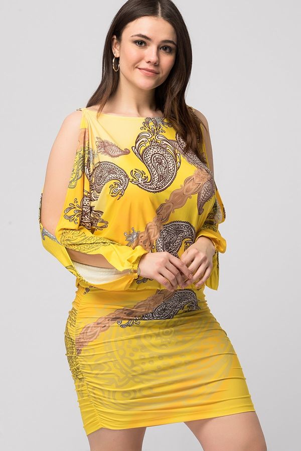 Şans Şans Women's Plus Size Yellow Decollete Sleeve Dress