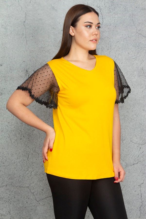 Şans Şans Women's Plus Size Yellow Lace Detailed Blouse